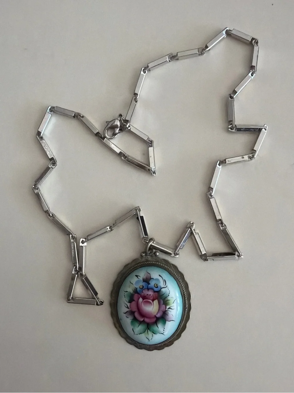 Vintage Hand Painted Floral Enamel Porcelain Pendant Necklace Silver Tone Chain